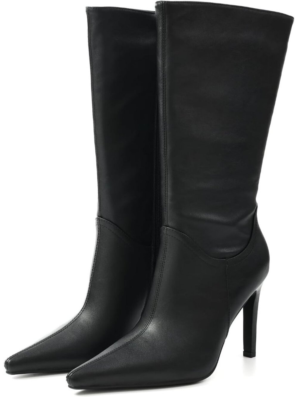 Women's Black Comfortable Mid Calf Pointed Toe High Heel Side Zipper Dress Boots